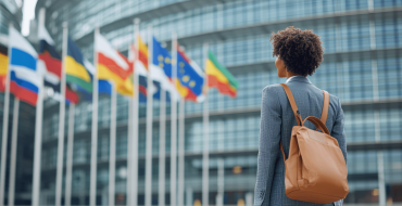 Woman in business dress in front of the European Parliament in Strasbourg 
