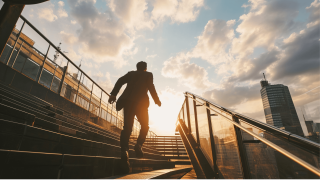 Man in business dress walking up outsides stairs in the sun