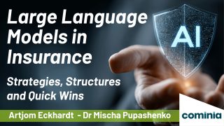 Key visual Cominia Whitepaper on Large Language Models in Insurance displaying hand with AI symbol