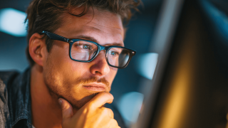 Key Visual of actupool Newsletter in August. Man with glasses looking into display