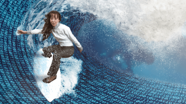Image Data Deluge Woman surfing the data wave