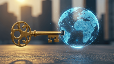 Key Visual for actupool Career Newsletter October 2025 regarding “Actuarial Passports: Mutual Recognition Agreements". It shows a projection of the world unlocked by golden key. A skyline is shown in background. 