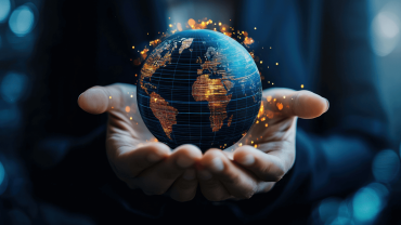 Image Disruption - Hands holding earth with data points 