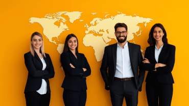 Diverse young professionals in front of a world's map. The motto of the actupool Career Newsletter in November is "Connecting Actuaries". 