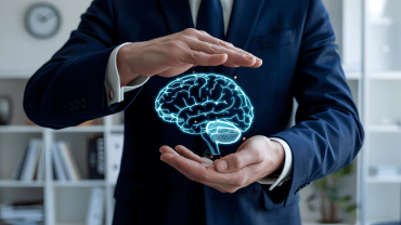 Mans hands around digital brain symbolizing mental health