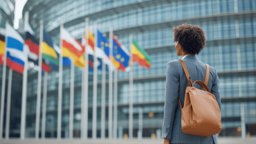 Woman in business dress in front of the European Parliament in Strasbourg 