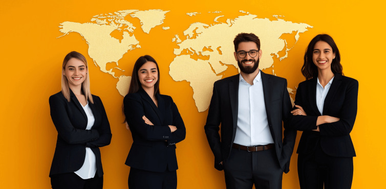 Diverse young professionals in front of a world's map. The motto of the actupool Career Newsletter in November is "Connecting Actuaries". 