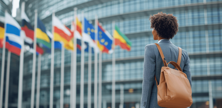 Woman in business dress in front of the European Parliament in Strasbourg