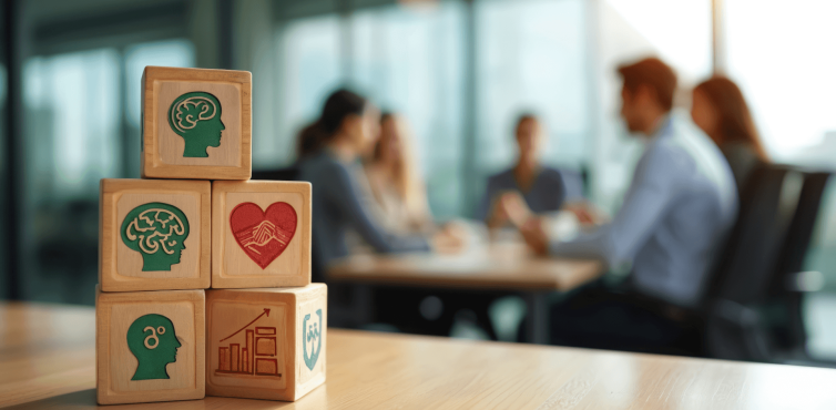 People in office in background; dices with symbols in front